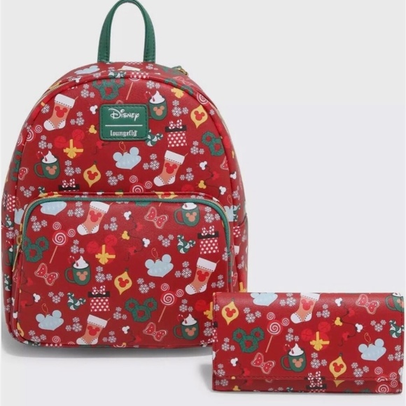 NWT Disney Mickey Christmas AOP Mini Backpack and Wallet Set - Picture 1 of 5